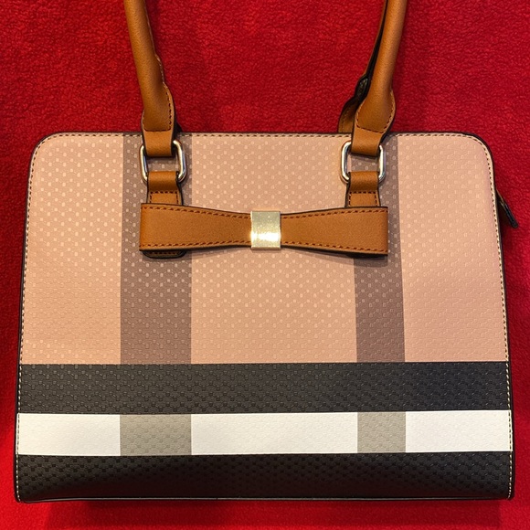 NWOT Designer Inspired Brown Black & White Check Satchel with Removable Strap - Picture 3 of 12